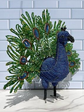 Handmade Beaded Peacock Sculpture Whimsical Boho Eclectic Maximalist Folk Art